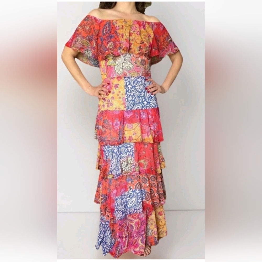 Gorgeous Gypsycore Off Shoulder Red Patchwork Ruffle Tiered Lined Maxi Dress M